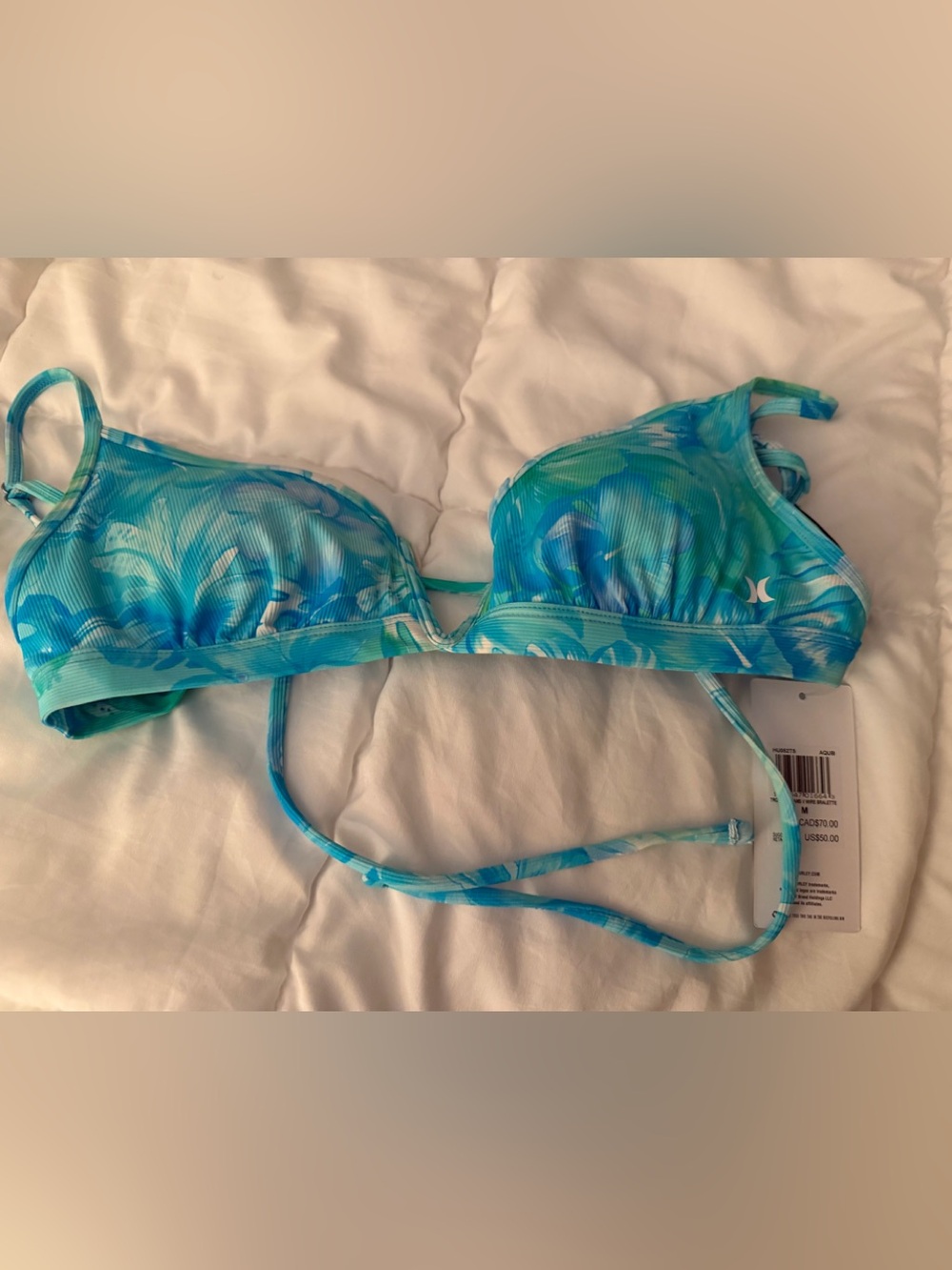 Hurley Teal and Blue Floral Ribbed Bikini Top SIZE M NWT